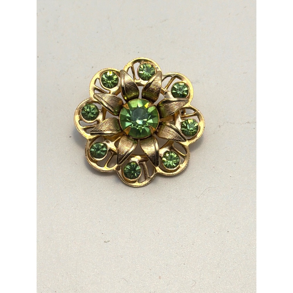 Vintage Gold Tone Peridot Green Rhinestone Flower Brooch Pin Floral Mid Century
